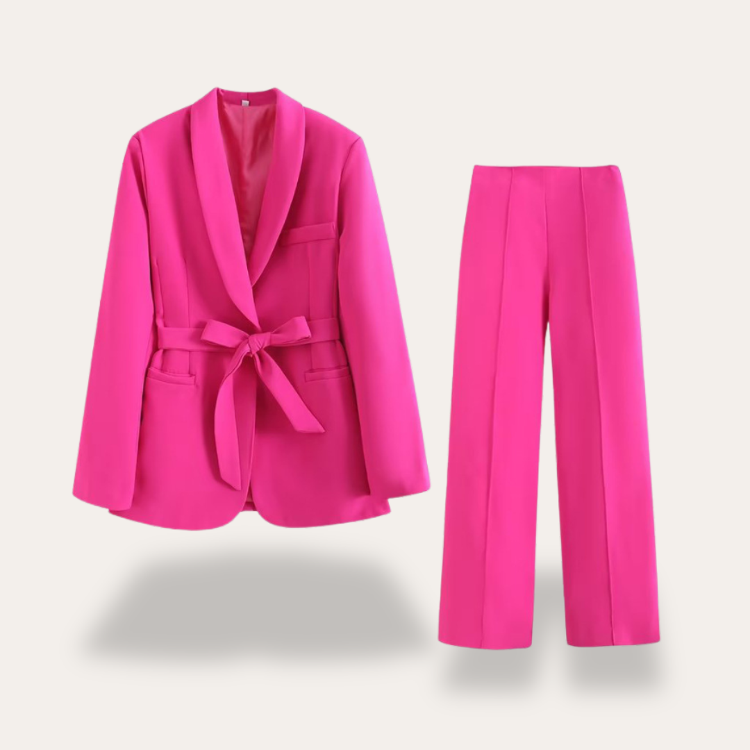 Damen Blazer mit Gürtel und Weitbein-Hosen, Zweiteiliges Set