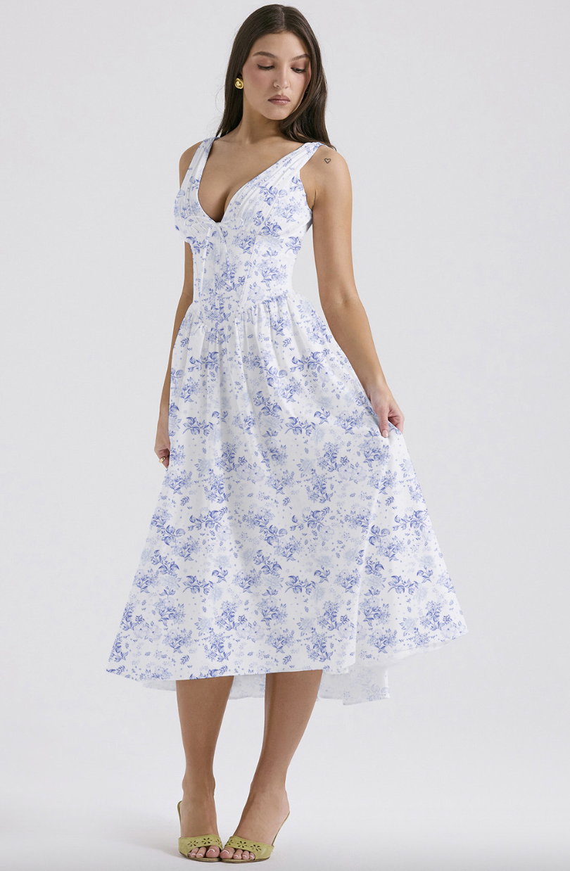 Damen Midi-Kleid | Boho Floral & V-Ausschnitt | Ärmellos A-Linie | Sommer & Hochzeit