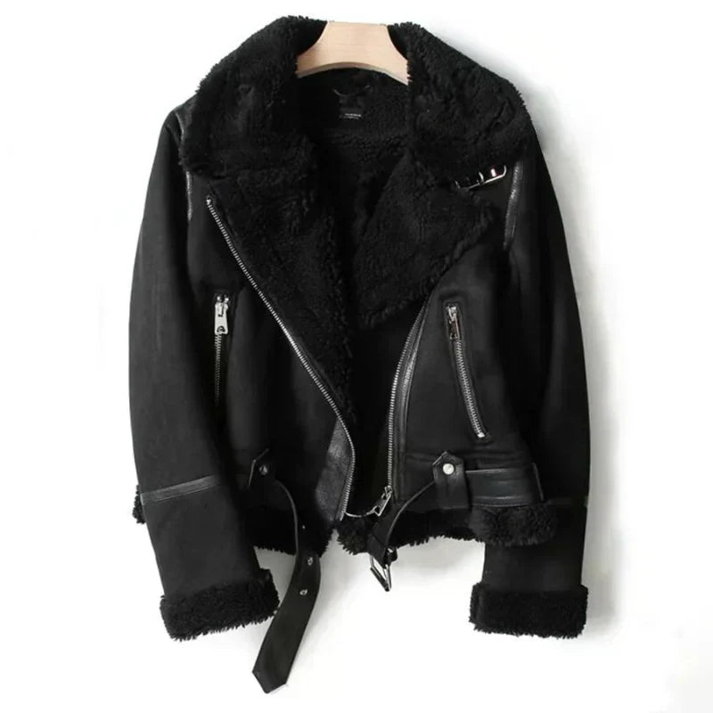 Damen Aviator Jacke mit Shearling Fronttaschen | Warme Winter Biker Jacke