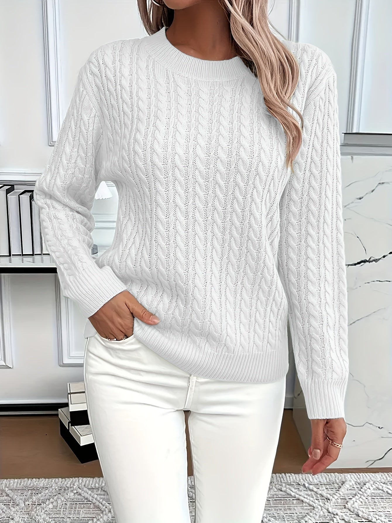 Pull en maille avec motif torsadé pour femme - Pull doux et élégant pour le printemps et l'automne