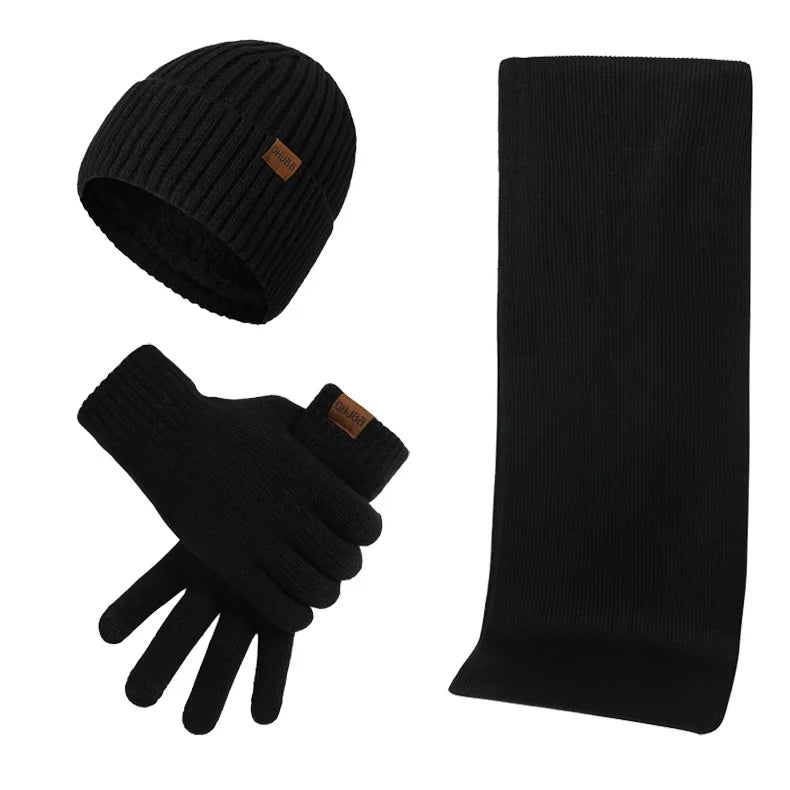 Conjunto casual de inverno com gorro, cachecol e luvas para homem