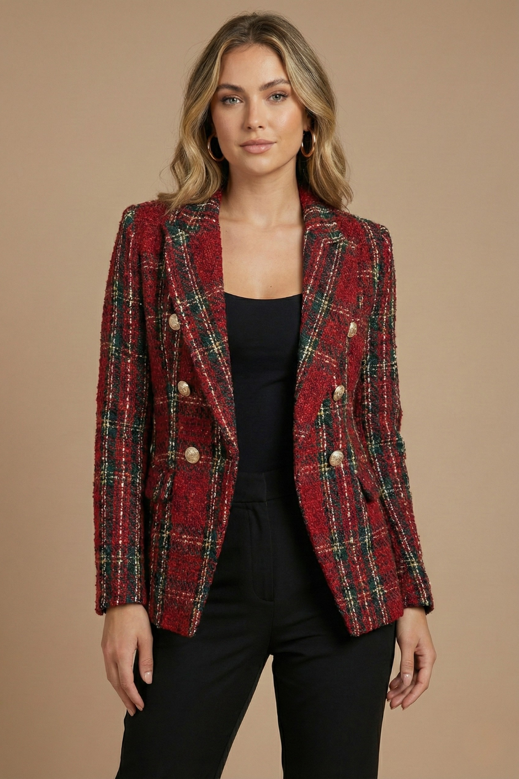 Damen Kariertes Doppelreihiges Blazerjacke