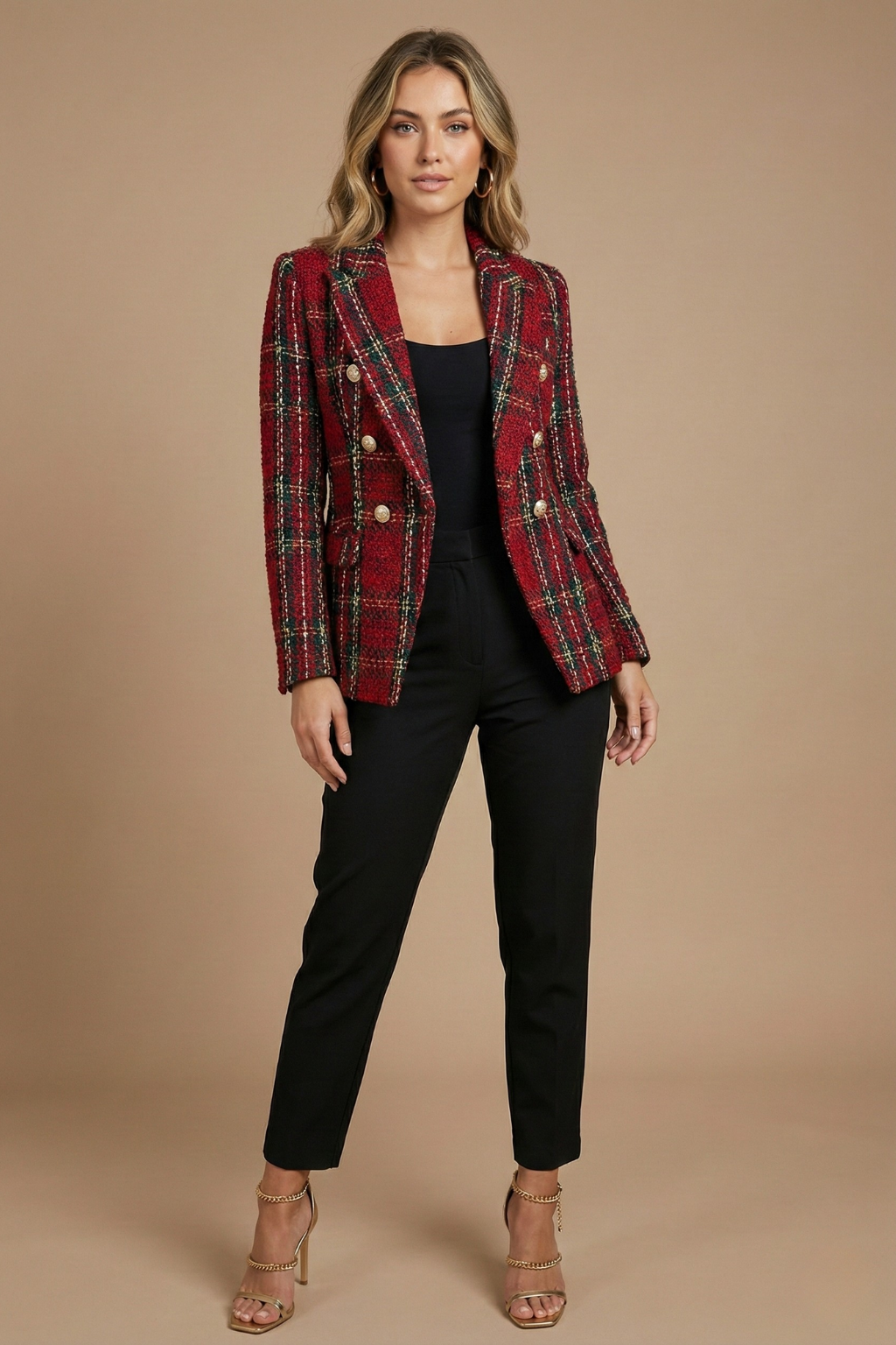 Damen Kariertes Doppelreihiges Blazerjacke