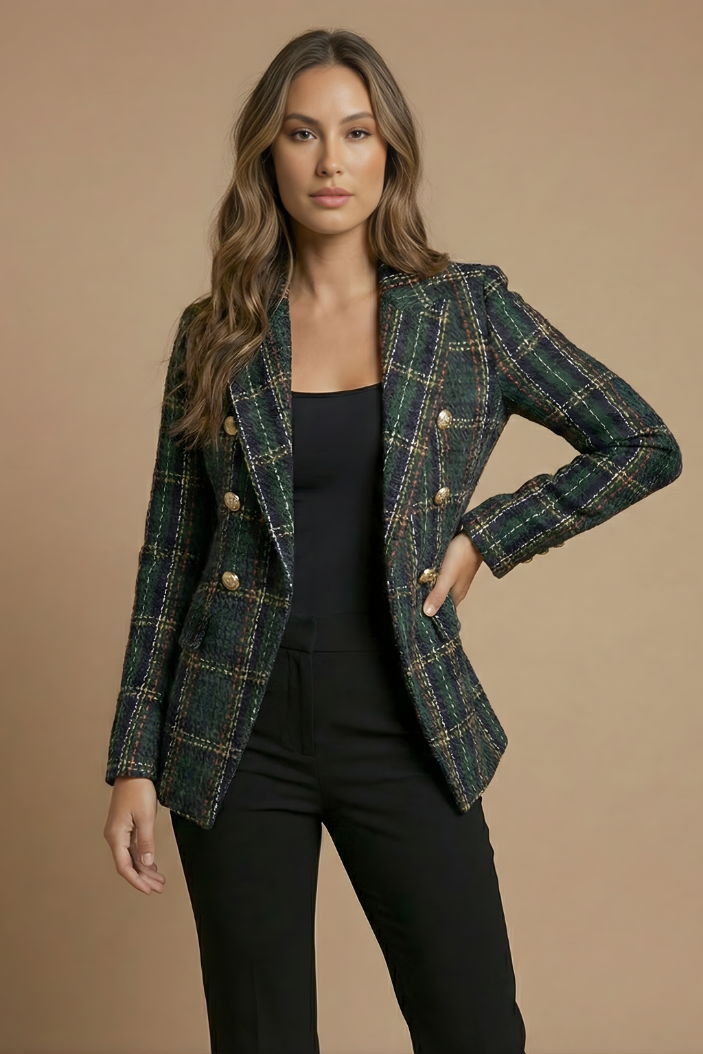 Damen Kariertes Doppelreihiges Blazerjacke