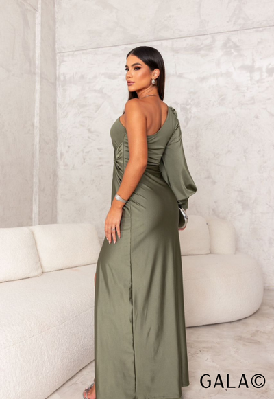 Vestido plissado com um ombro com um ombro