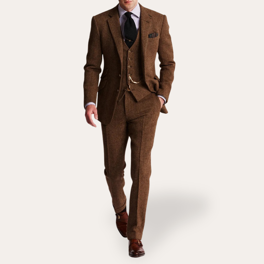 Costume en tweed pour homme 3 pièces coupe slim affaires formel