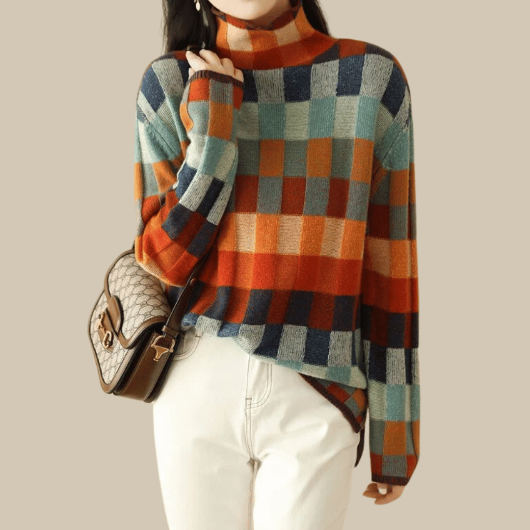 Suave jersey de caxemira de gola alta | Design elegante patchwork