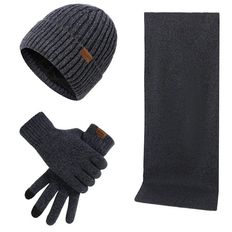 Conjunto casual de inverno com gorro, cachecol e luvas para homem