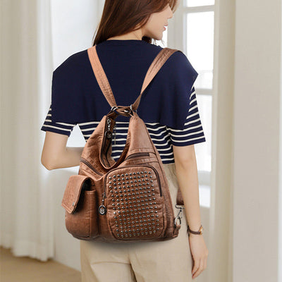 Vintpack - Mochila de couro com pregos - ideal para escola e viagem - Detalhes de viagem - Compact