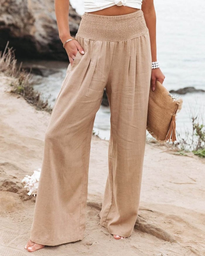 Calça lino breezeflow feminino cintura elástica perna de vento verão 2025