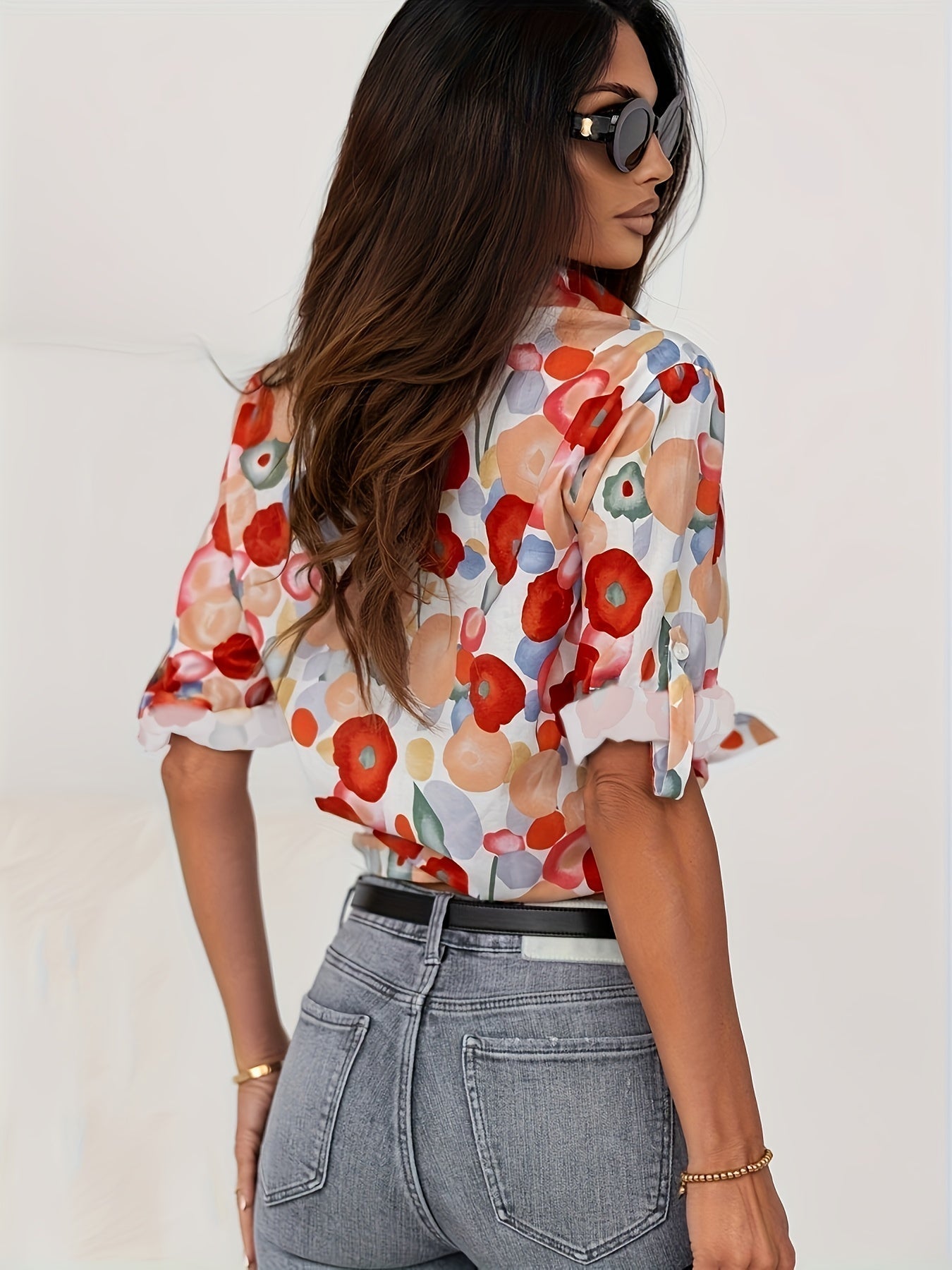Viena Blusa Vermelha Floral Mulher elegante Court feminina verão
