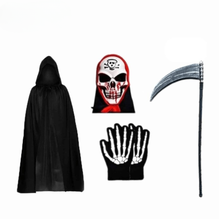 Conjunto Grimora | acessórios para Halloween capa, máscaras esqueleto e foice