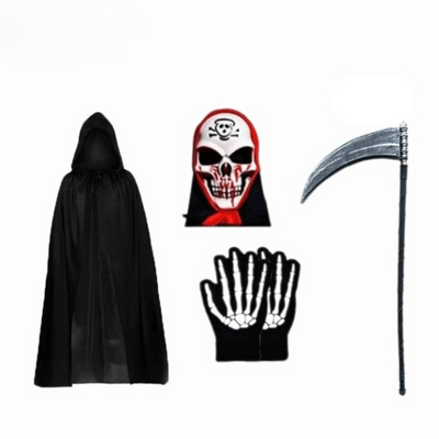 Conjunto Grimora | acessórios para Halloween capa, máscaras esqueleto e foice