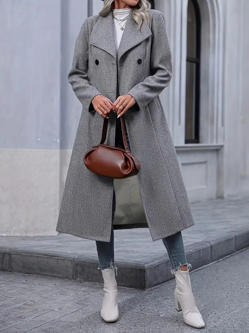 Elegante abrigo de punto de doble botonadura para mujer - color liso