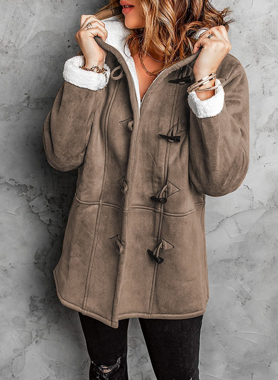 Damen Toggle-Wintermantel mit Kapuze und warmer Fütterung