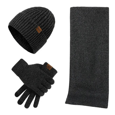 Conjunto casual de inverno com gorro, cachecol e luvas para homem