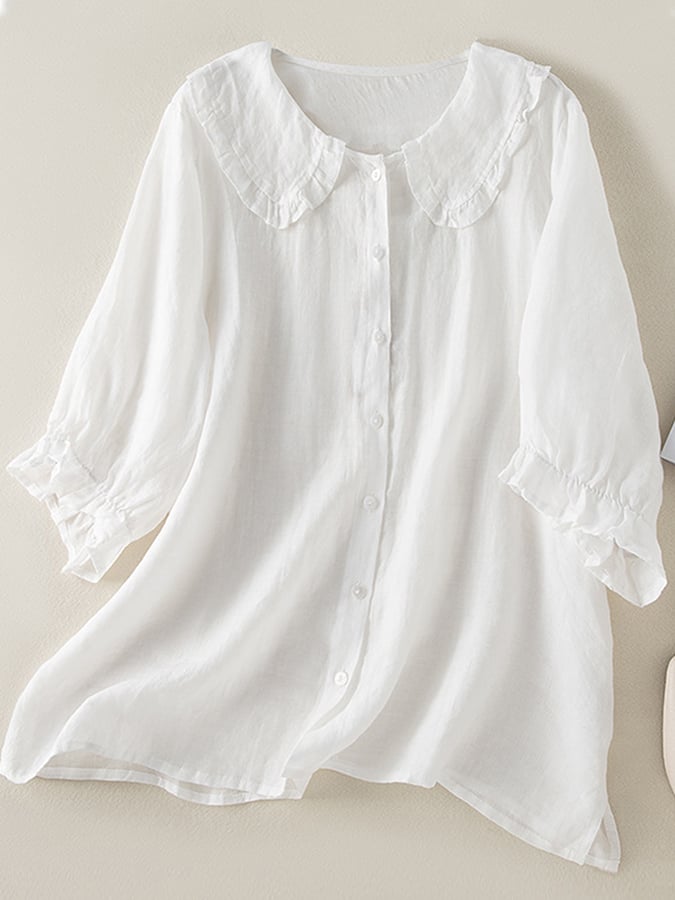 Camisa de mujer de algodón y lino con cuello Peter Pan fruncido