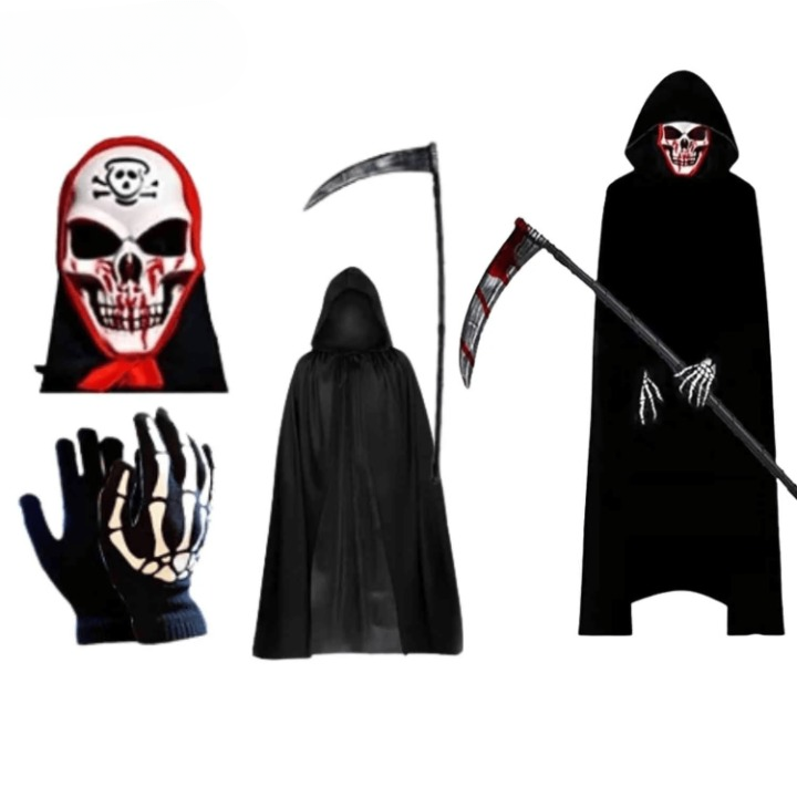 Conjunto Grimora | acessórios para Halloween capa, máscaras esqueleto e foice