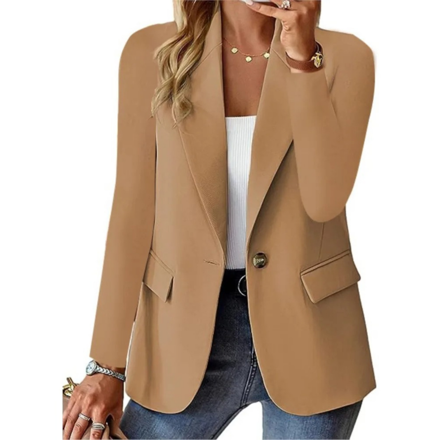 Americana casual de mujer con mangas largas, hebilla y bolsillos finos