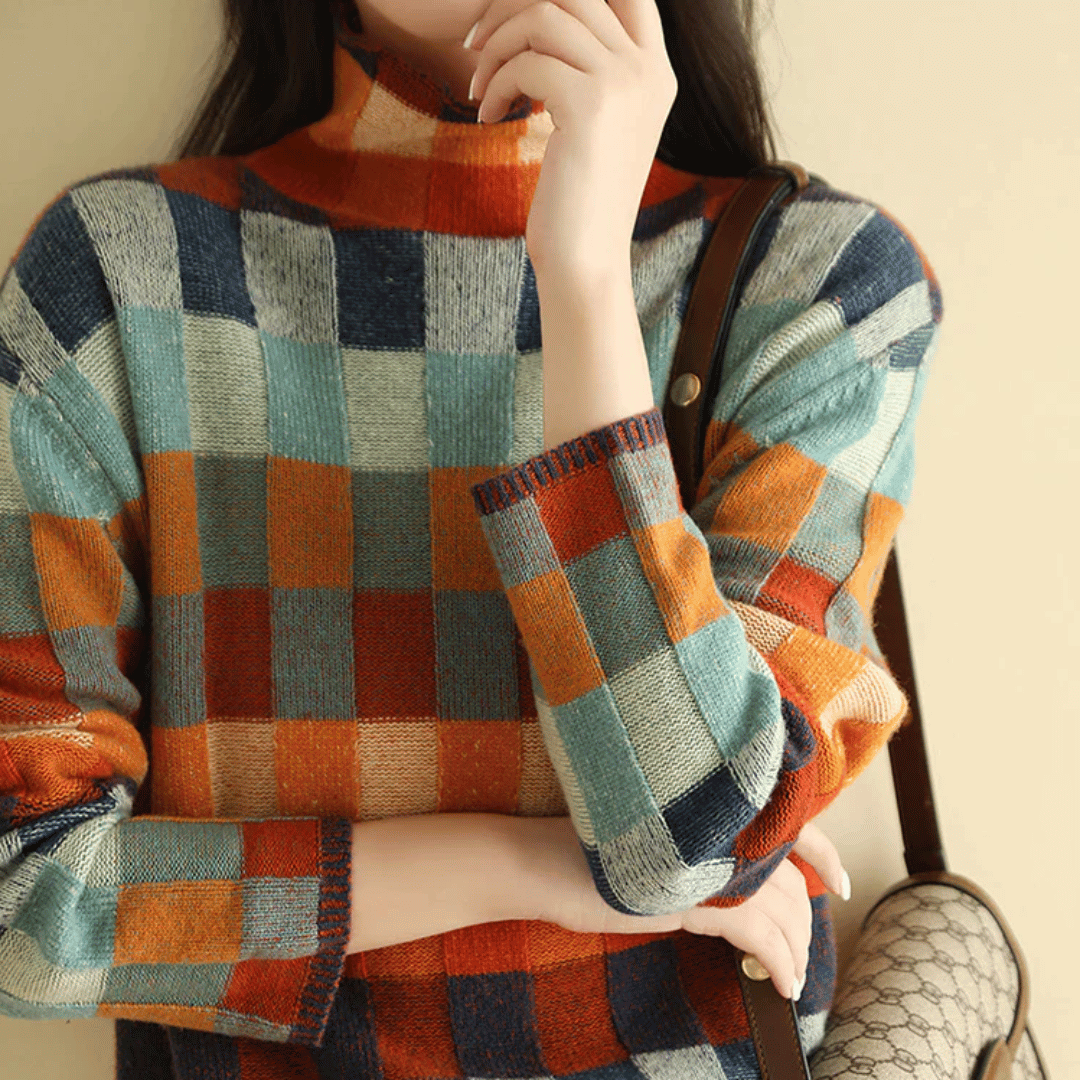 Suave jersey de caxemira de gola alta | Design elegante patchwork