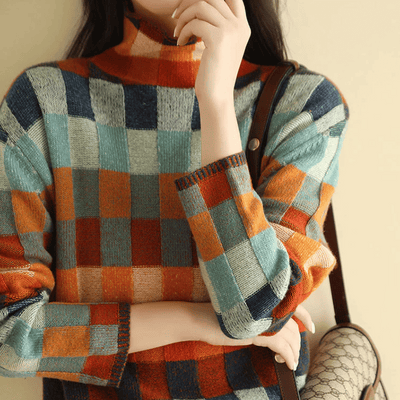 Suave jersey de caxemira de gola alta | Design elegante patchwork