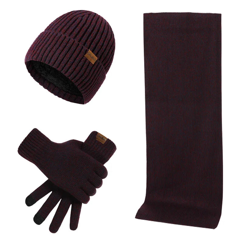 Conjunto casual de inverno com gorro, cachecol e luvas para homem