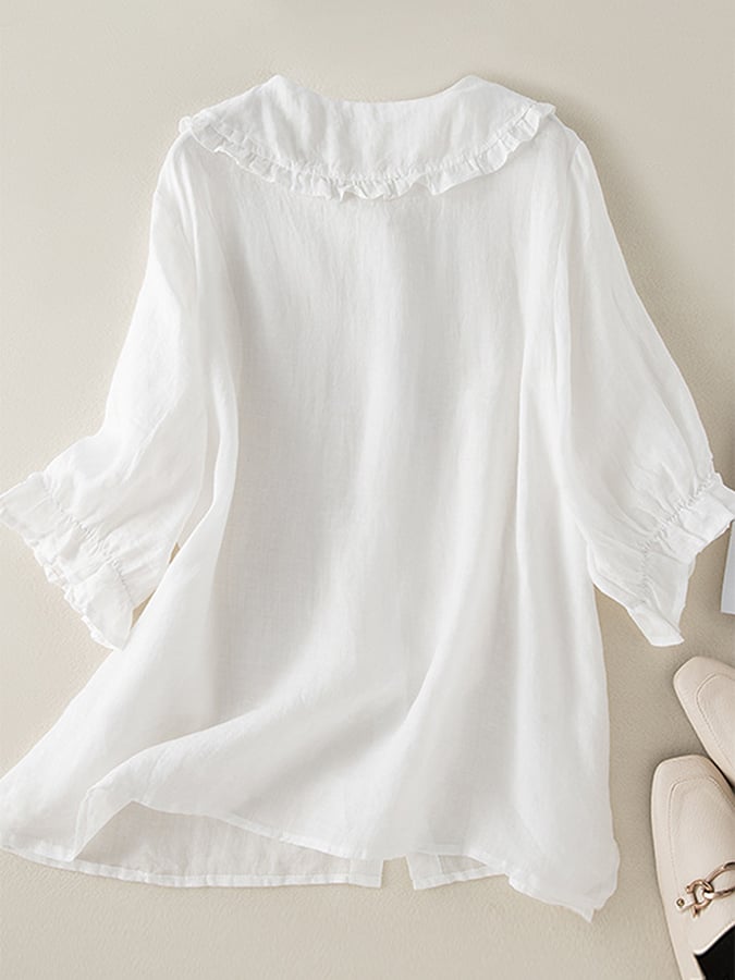 Camisa de mujer de algodón y lino con cuello Peter Pan fruncido