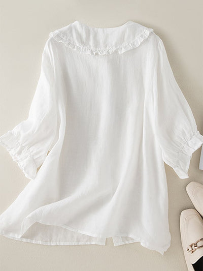 Camisa de mujer de algodón y lino con cuello Peter Pan fruncido