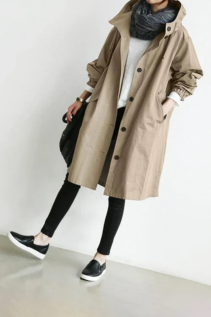 Wasserdichter Damen-Trenchcoat mit Kapuze – lang und warm