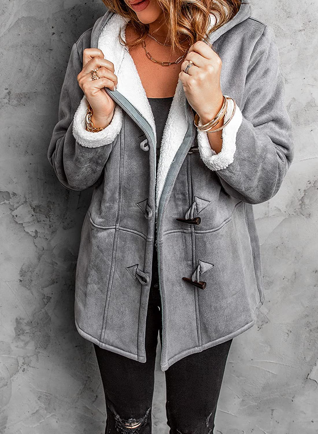 Damen Toggle-Wintermantel mit Kapuze und warmer Fütterung