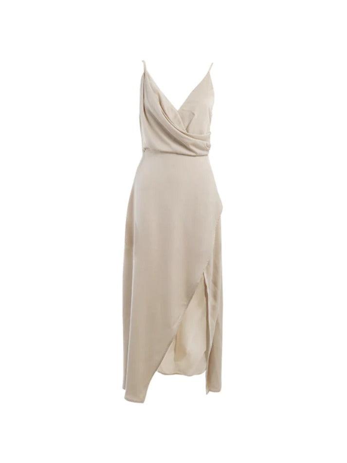 Vestido midi com decote em V e abrindo para a coxa