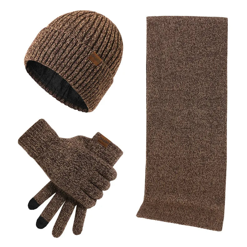 Conjunto casual de inverno com gorro, cachecol e luvas para homem