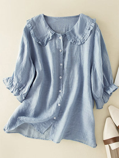 Camisa de mujer de algodón y lino con cuello Peter Pan fruncido