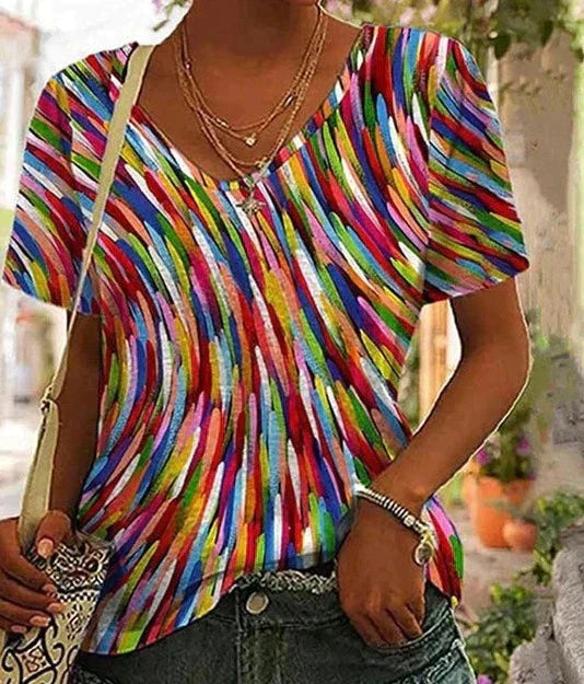 Top da moda com estampa colorida em tecido leve - mulher