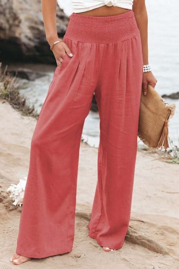Calça lino breezeflow feminino cintura elástica perna de vento verão 2025