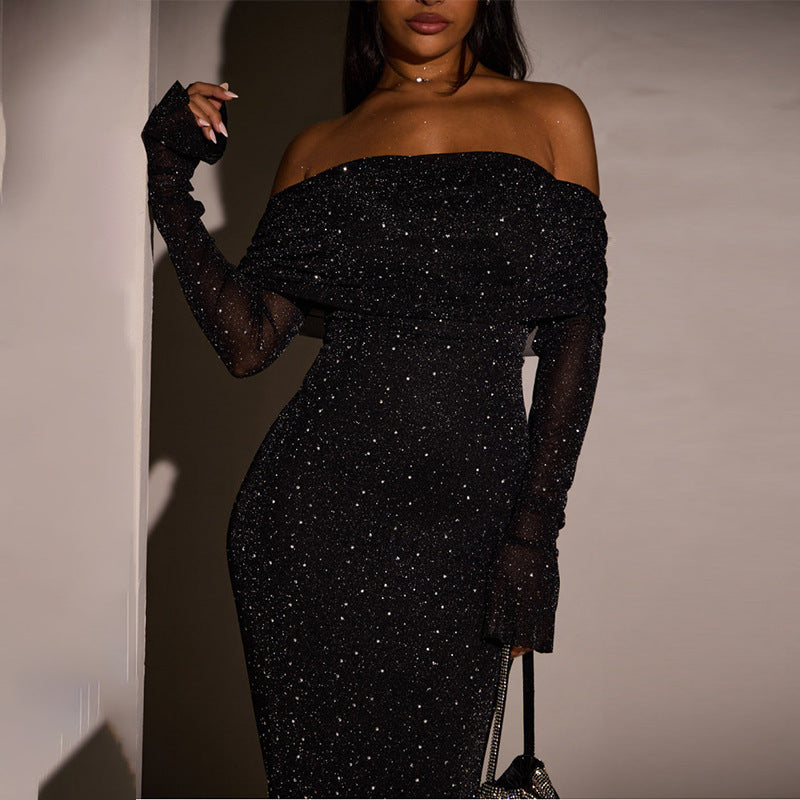 Liz - vestido feminino com ombros e lantejoulas descobertas