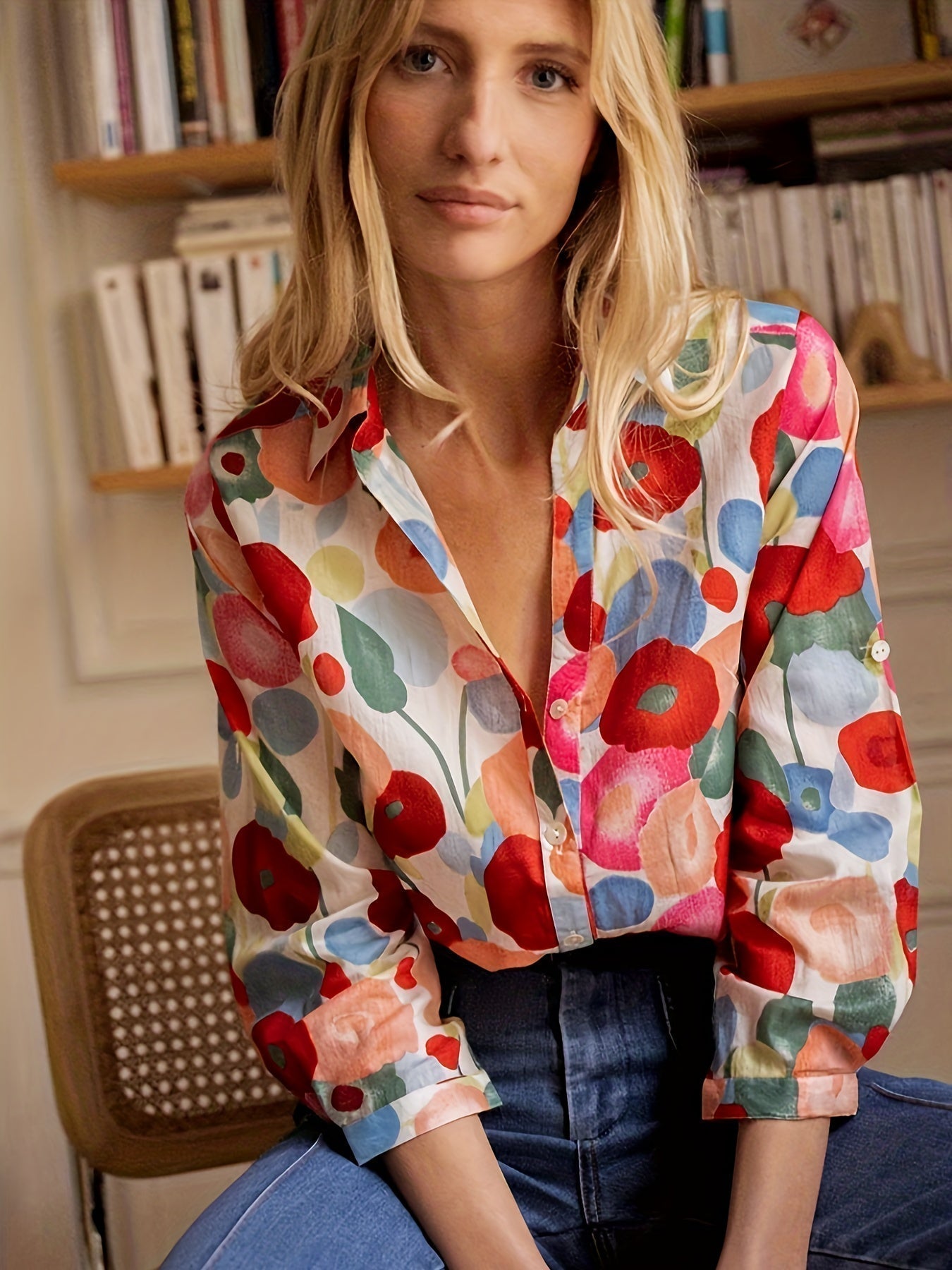 Viena Blusa Vermelha Floral Mulher elegante Court feminina verão