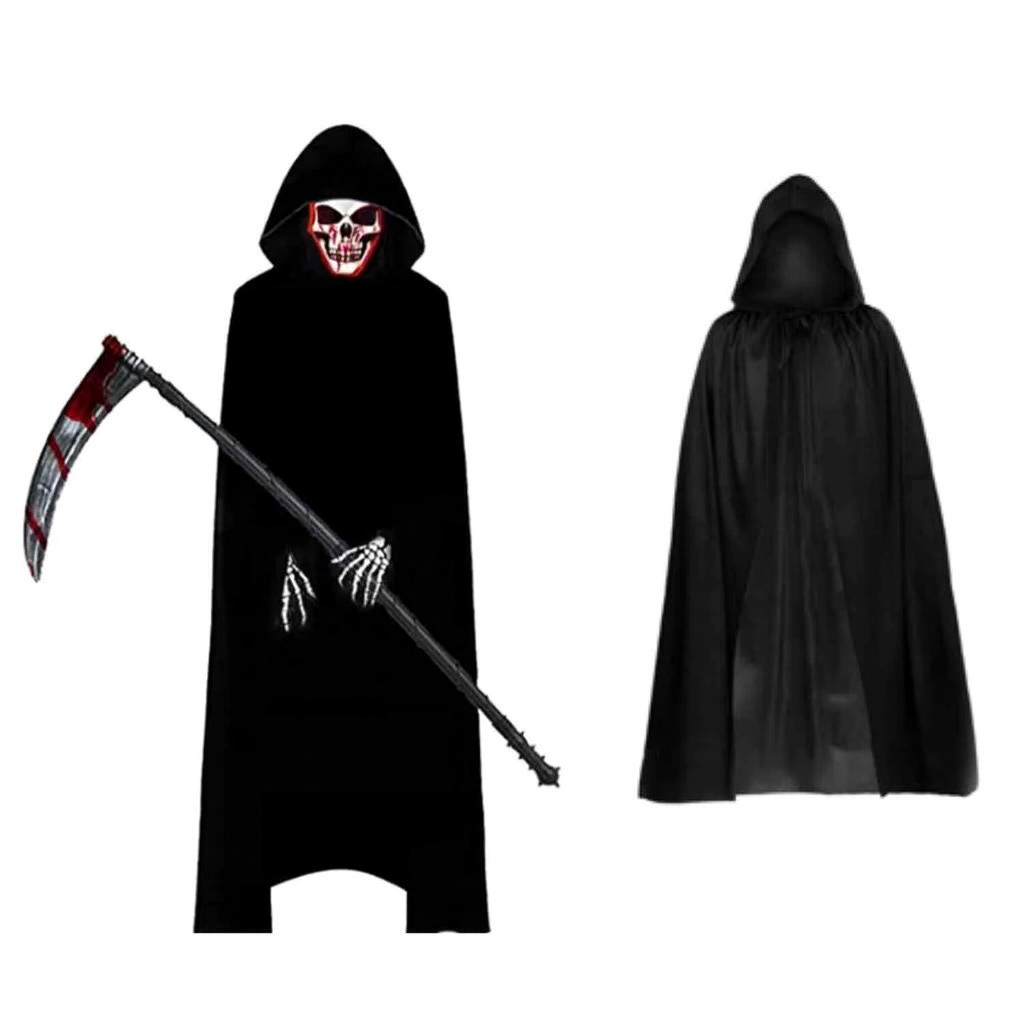 Conjunto Grimora | acessórios para Halloween capa, máscaras esqueleto e foice