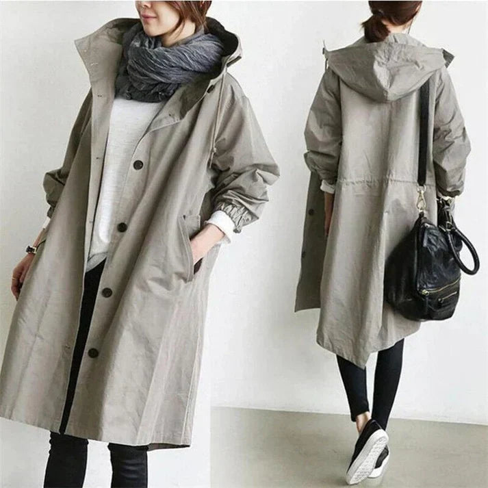 Wasserdichter Damen-Trenchcoat mit Kapuze – lang und warm