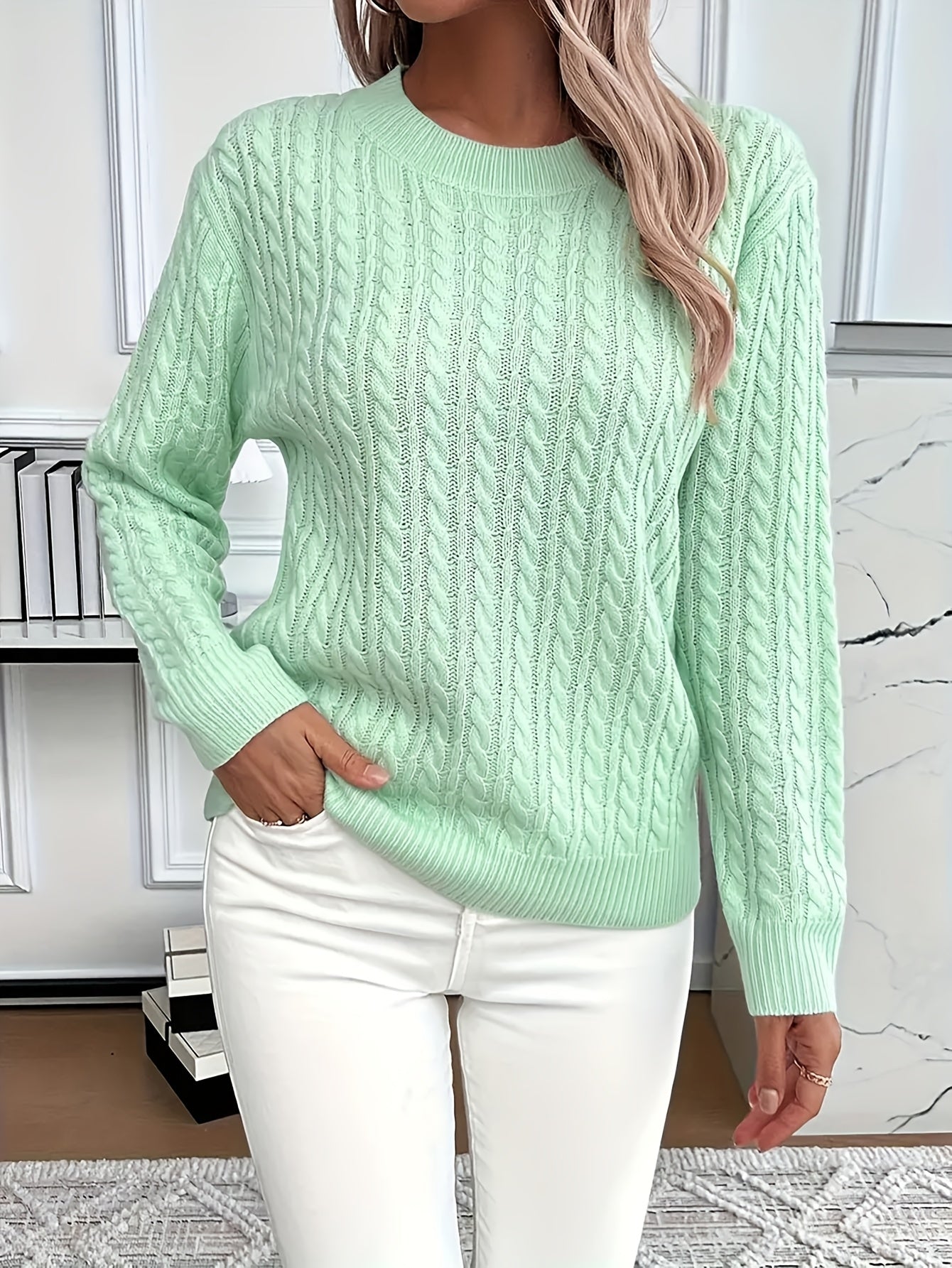 Pull en maille avec motif torsadé pour femme - Pull doux et élégant pour le printemps et l'automne