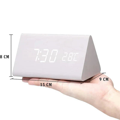 Réveil numérique en bois - écran LED, commande vocale, luminosité réglable