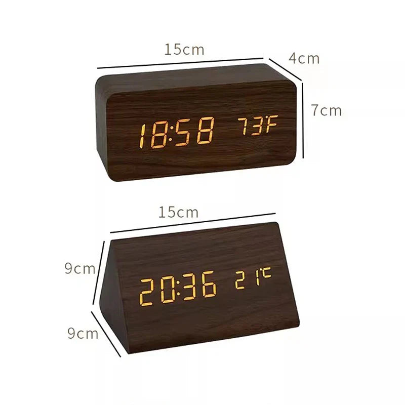 Réveil numérique en bois - écran LED, commande vocale, luminosité réglable