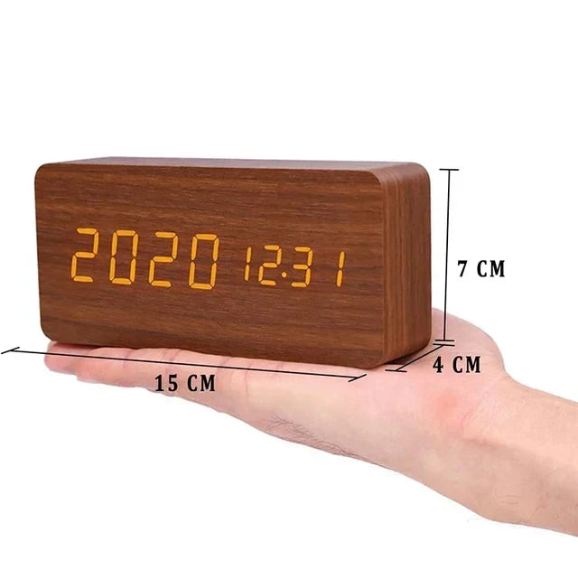 Réveil numérique en bois - écran LED, commande vocale, luminosité réglable