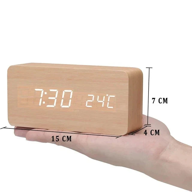 Réveil numérique en bois - écran LED, commande vocale, luminosité réglable