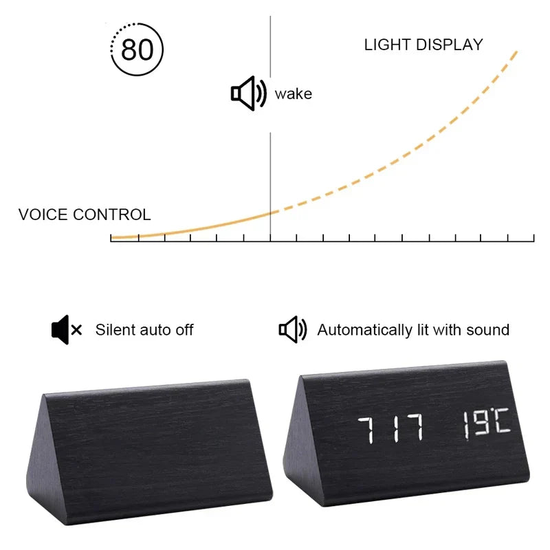 Réveil numérique en bois - écran LED, commande vocale, luminosité réglable