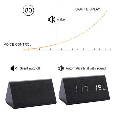 Réveil numérique en bois - écran LED, commande vocale, luminosité réglable