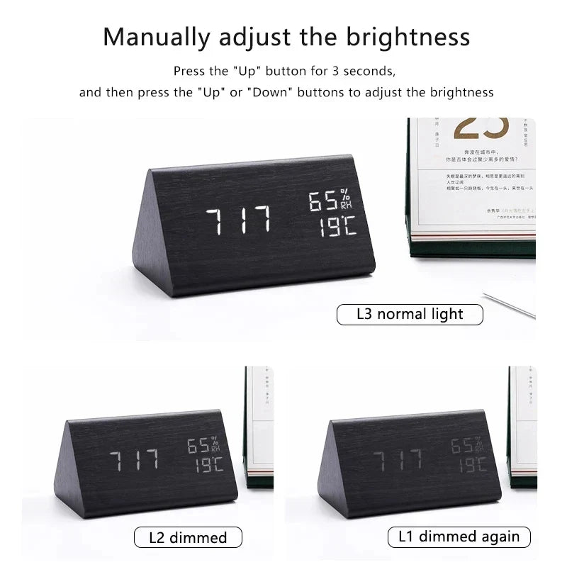 Réveil numérique en bois - écran LED, commande vocale, luminosité réglable