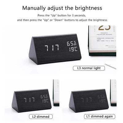 Réveil numérique en bois - écran LED, commande vocale, luminosité réglable