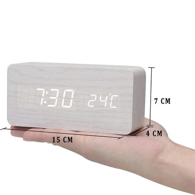 Réveil numérique en bois - écran LED, commande vocale, luminosité réglable