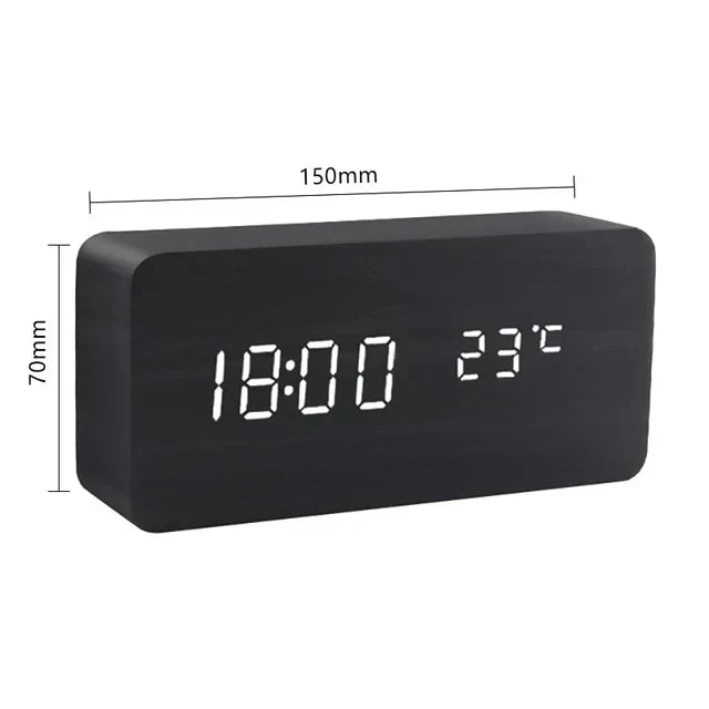 Réveil numérique en bois - écran LED, commande vocale, luminosité réglable